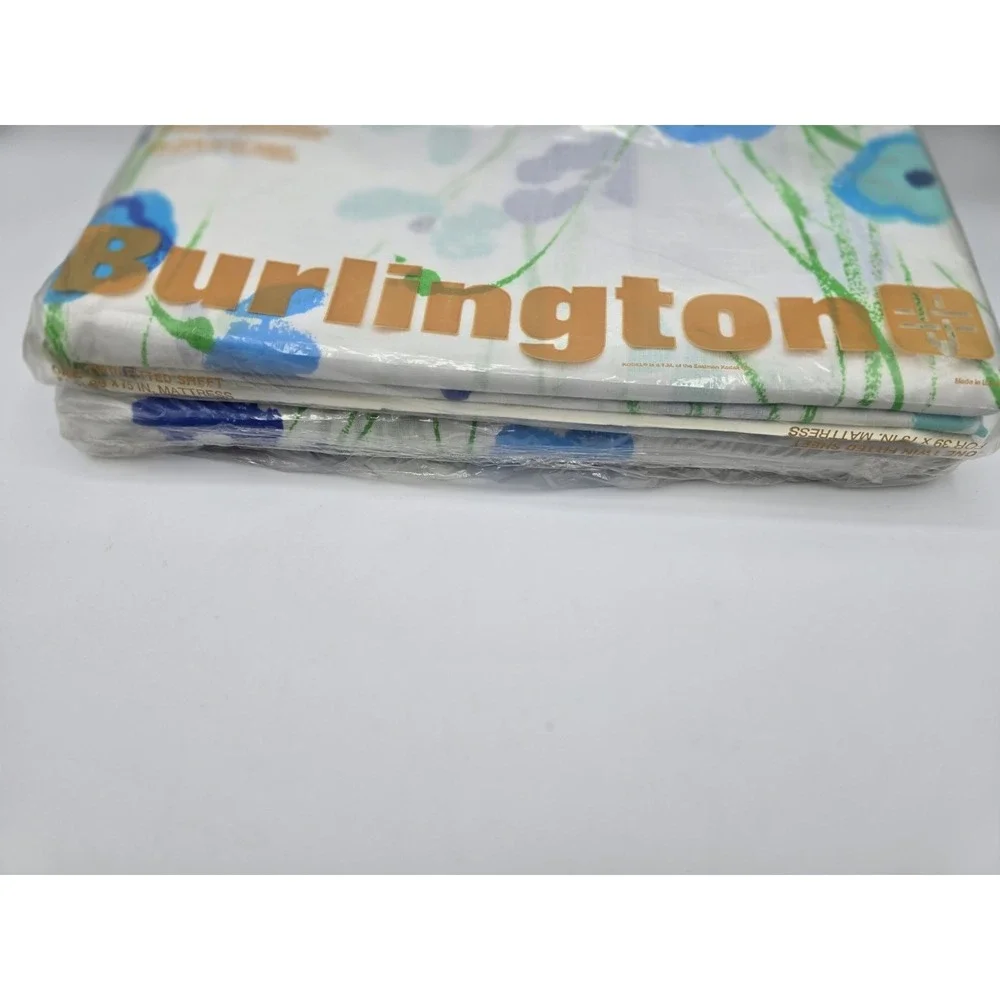 2 Set Vtg NIP Burlington Floral Twin Flat Sheet & Fitted - Blue & Green‎ 1970s